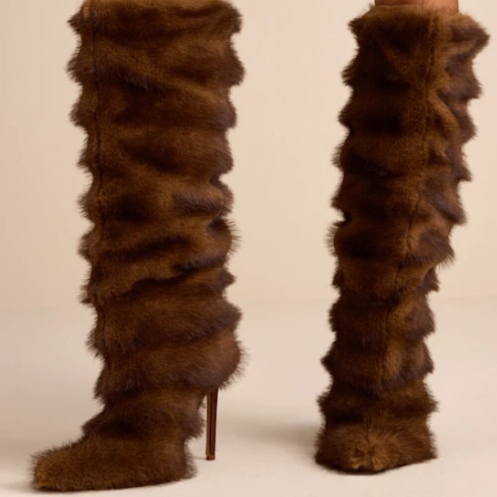 New! Azalea Wang- Conrad Brown Faux Fur Slouchy Textured Knee-High Boots